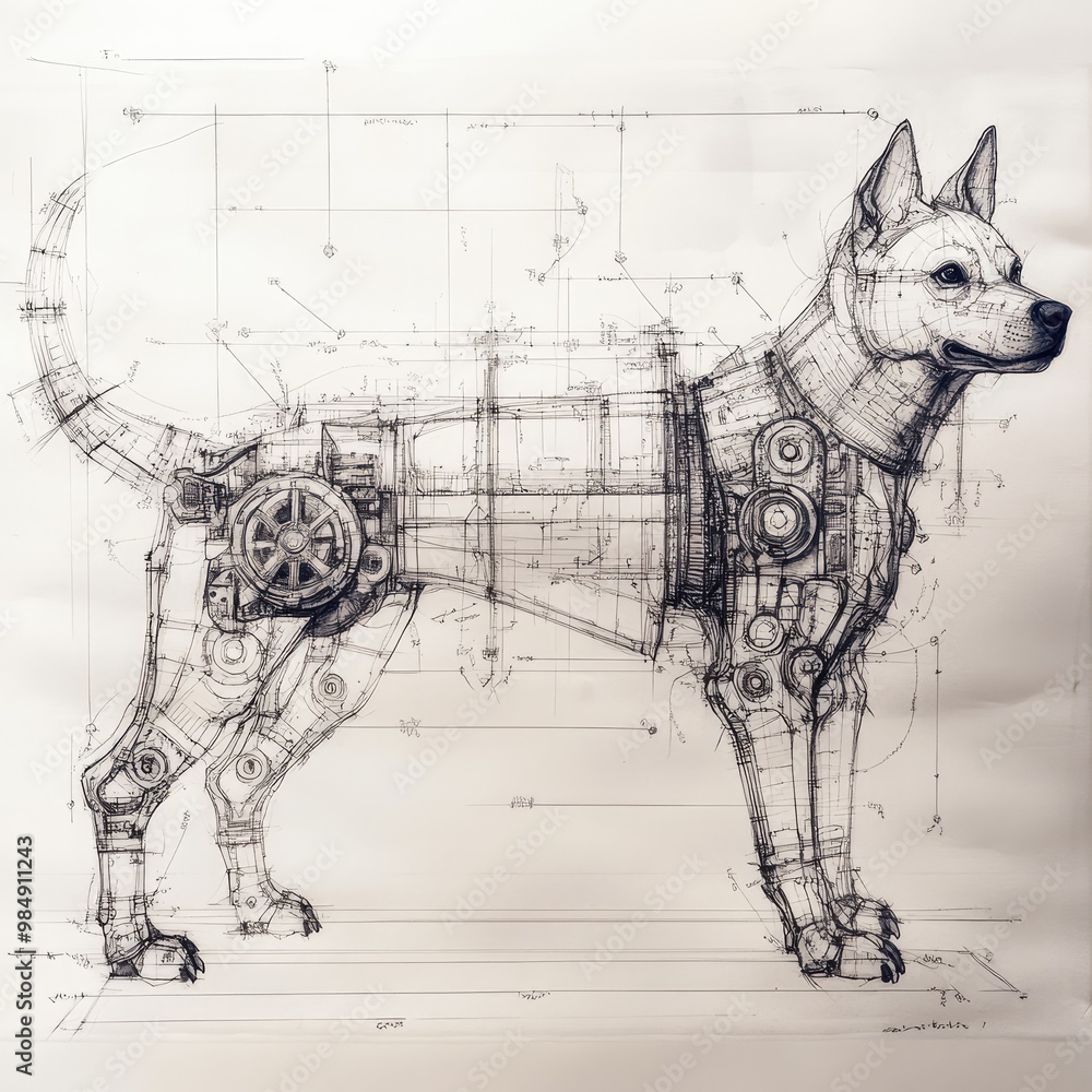 Naklejka premium A detailed pencil drawing of a robotic dog with intricate gears and mechanisms, rendered in a blueprint-style.