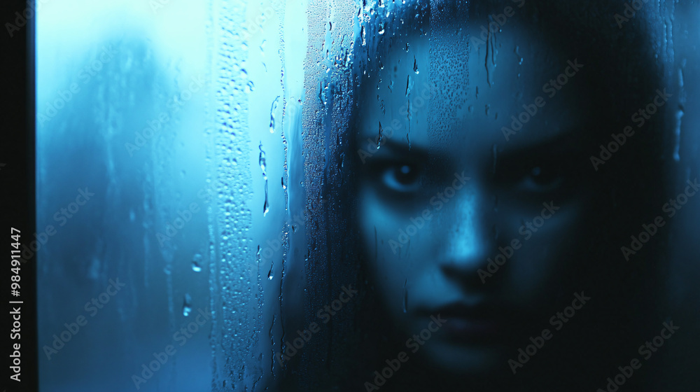 A ghostly face peering from behind a window, barely visible in the foggy, rainy night.