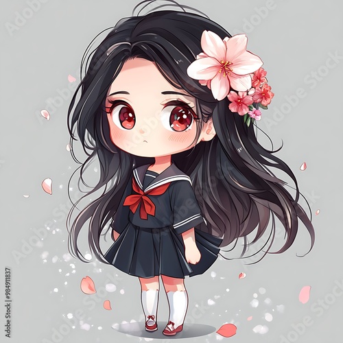 Cute chibi anime girl with long black hair and cherry blossom flower crown illustration photo