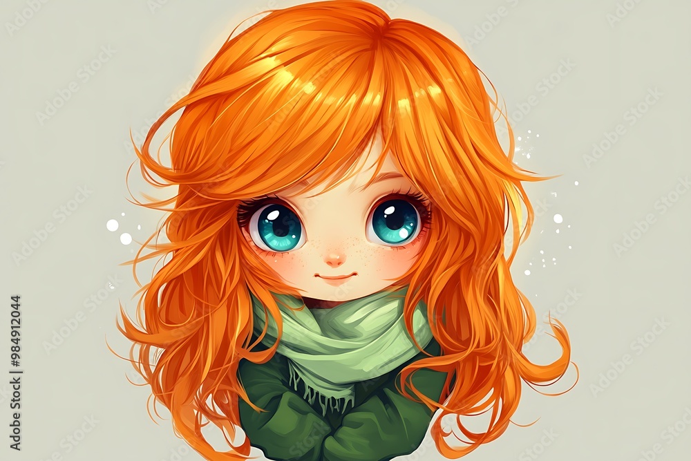 Cute anime girl with long orange hair and big blue eyes wearing a green scarf. Cute anime girl with long orange hair and big blue eyes wearing a green scarf.