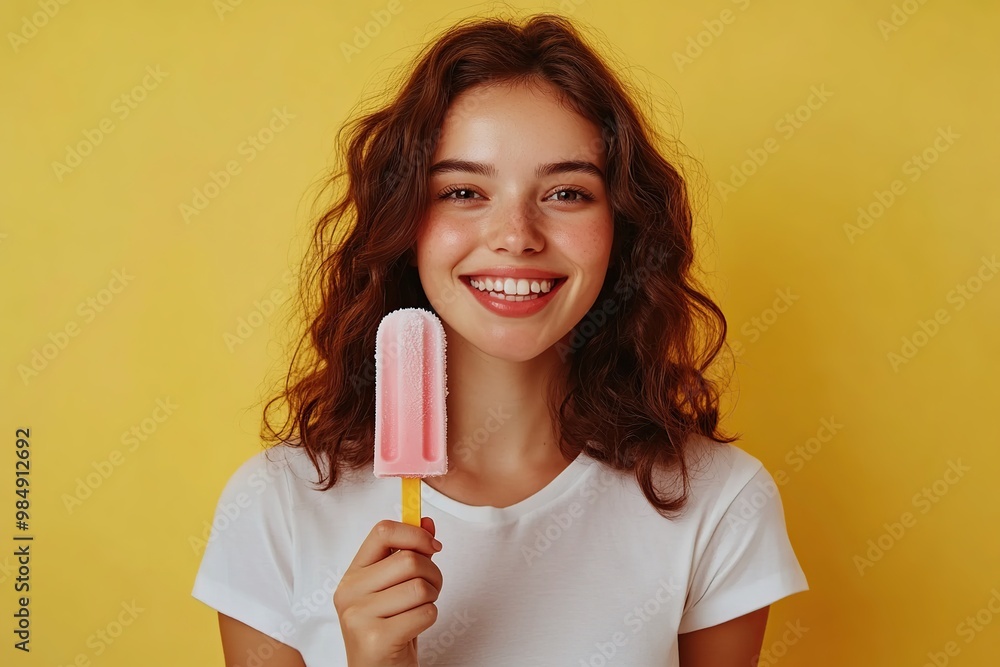 Portrait of beautiful young woman eating delicious ice cream Portrait of beautiful young woman eating delicious ice cream