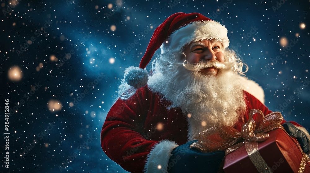Santa Claus joyfully delivering gifts, with a backdrop of a starry night sky. Santa Claus joyfully delivering gifts, with a backdrop of a starry night sky.