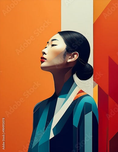 Woman as an Art Installation- An abstract, surreal, conceptual illustration where a woman is part of the minimal wall, like blending into it or being painted onto it photo