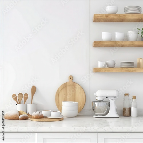 Clean modern kitchen interior with kitchenware and copy space on white wall background. .