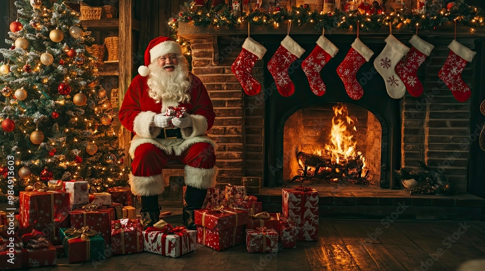 Santa Claus laughing as he places presents under a decorated Christmas tree, with stockings hanging above the fireplace. Santa Claus laughing as he places presents under a decorated Christmas tree, with stockings hanging above the fireplace.