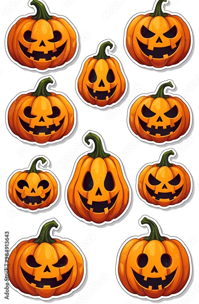 A sticker collection of jack-o'-lanterns with various expressive faces, showcasing a variety of spooky and mischievous designs. These pumpkins are brightly illustrated, perfect for Halloween decor A sticker collection of jack-o'-lanterns with various expressive faces, showcasing a variety of spooky and mischievous designs. These pumpkins are brightly illustrated, perfect for Halloween decor
