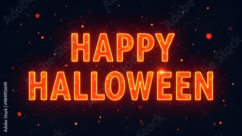 This image features the phrase "happy Halloween" in glowing orange text against a dark background.