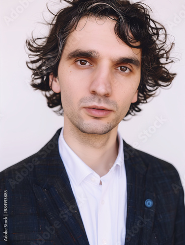 Serious young man with curly hair in formal suit on white background