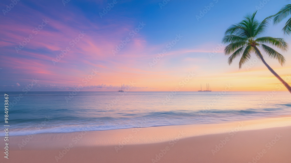 Fototapeta premium illustration of tropical beach with sailing ships in distance and palm trees in sunset light