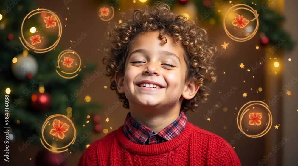 A cheerful young boy with curly hair smiles broadly, eyes closed, lost in dreams of receiving gifts. The festive atmosphere enhances his joyful expression A cheerful young boy with curly hair smiles broadly, eyes closed, lost in dreams of receiving gifts. The festive atmosphere enhances his joyful expression