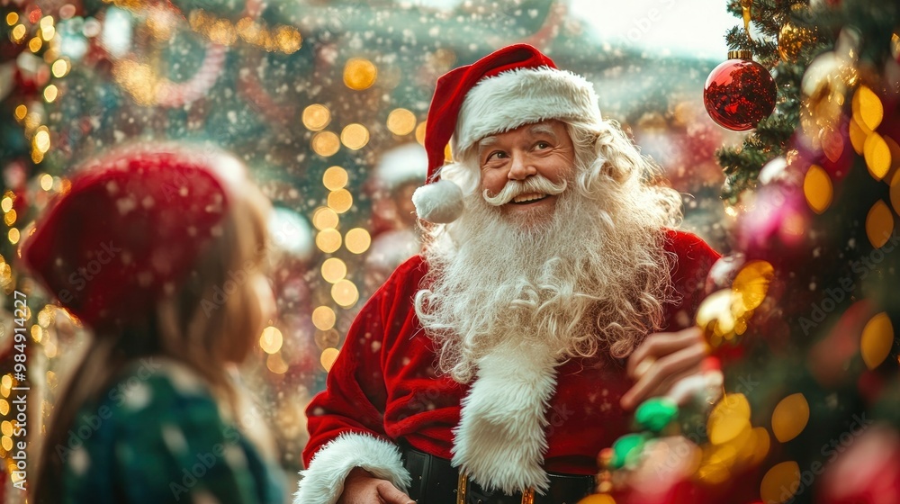 Santa Claus playfully interacting with children, surrounded by colorful decorations. Santa Claus playfully interacting with children, surrounded by colorful decorations.