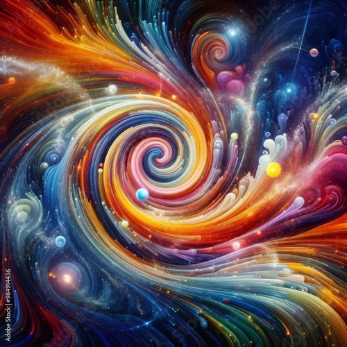 A mesmerizing abstract swirl of vibrant colors blending seamlessly, creating an energetic and dynamic visual effect reminiscent of a cosmic explosion or a whirlpool of light. Perfect for themes of