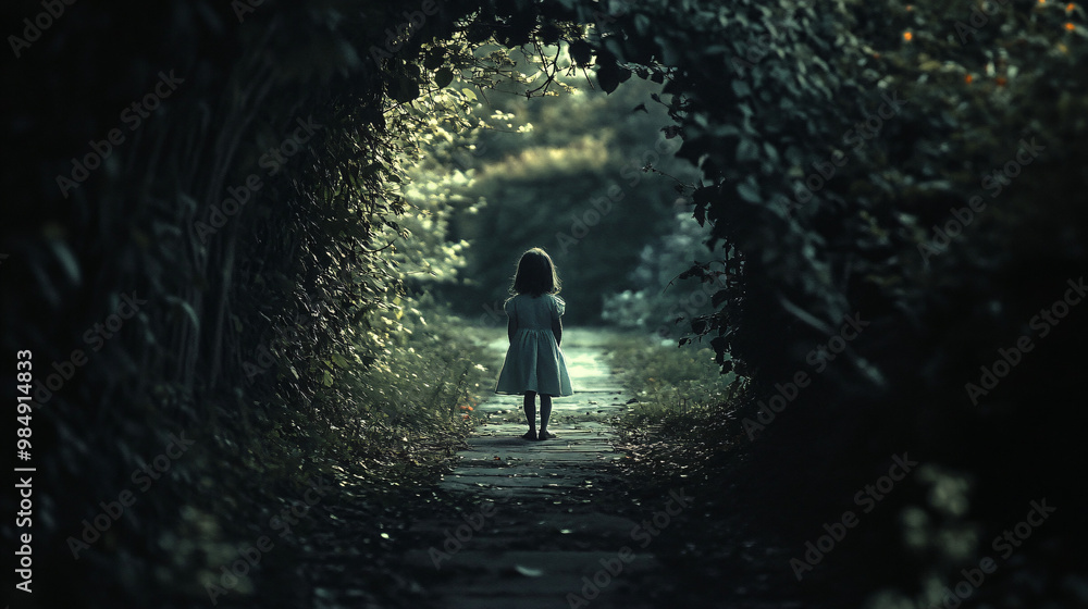 A ghostly child standing at the end of a dark, overgrown garden path, staring into the distance. A ghostly child standing at the end of a dark, overgrown garden path, staring into the distance.
