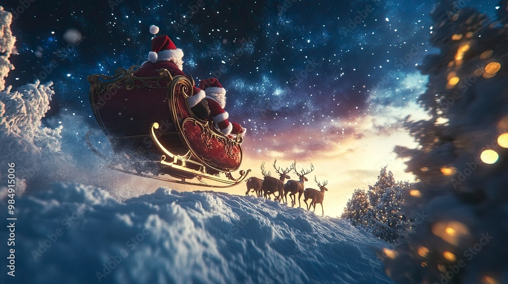 Santa Claus riding in his sleigh with reindeer flying over a snowy winter wonderland under a starry sky. Santa Claus riding in his sleigh with reindeer flying over a snowy winter wonderland under a starry sky.