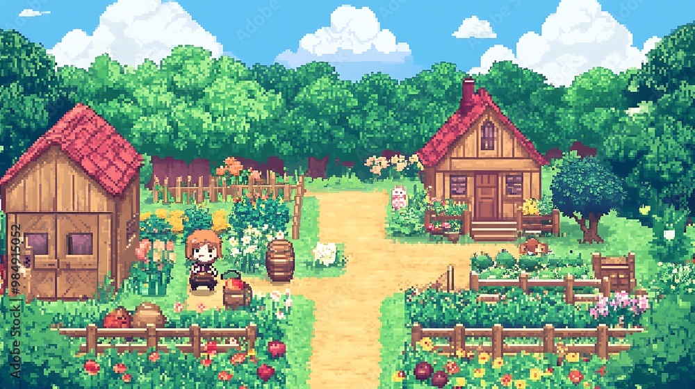 Fototapeta premium Pixel art illustration of a charming village with houses, gardens, and a female character.