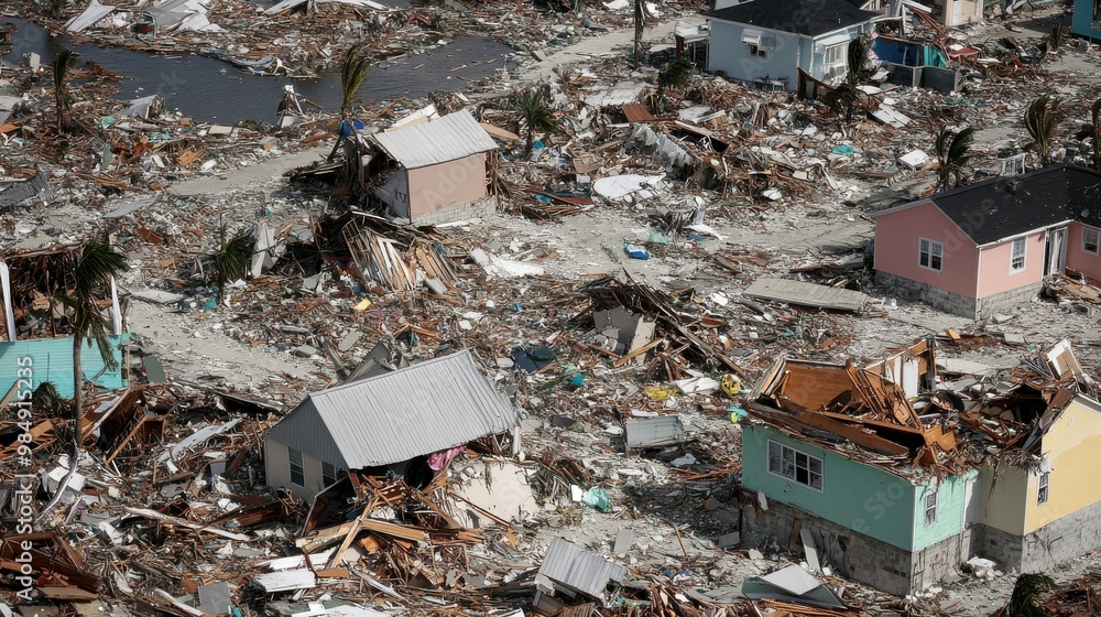 An aerial view of homes and buildings reduced to rubble after a powerful hurricane An aerial view of homes and buildings reduced to rubble after a powerful hurricane