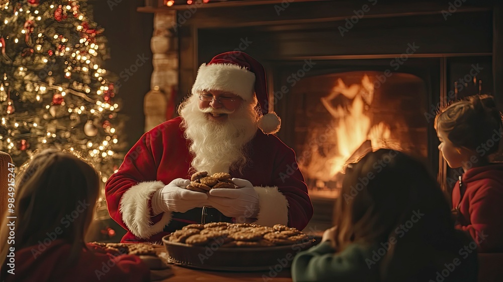 Santa Claus sharing cookies with children by a cozy fireplace, with a Christmas tree twinkling in the background. Santa Claus sharing cookies with children by a cozy fireplace, with a Christmas tree twinkling in the background.