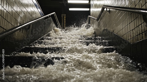 A flooded subway station after a tropical storm, with water pouring down stairs and filling the platform