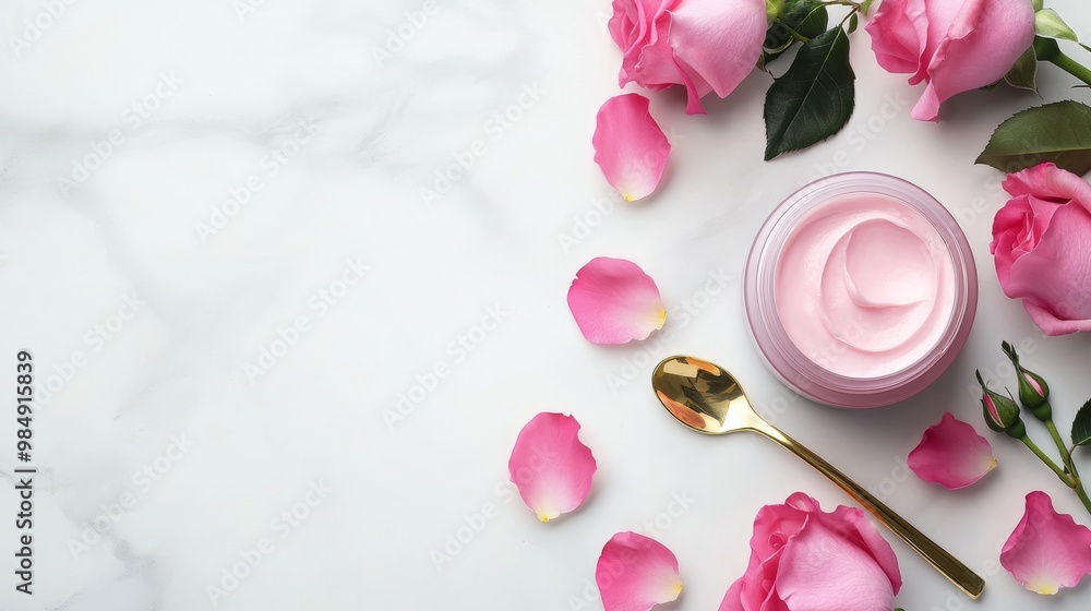 Rose Petal Cream and Flowers on Marble Surface Rose Petal Cream and Flowers on Marble Surface