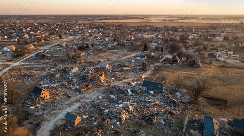 Aerial view of a town completely flattened by a tornado, with debris scattered over a wide area photo