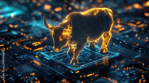 A glowing digital bull stands on a circuit board, representing the power of technology in the stock market. photo