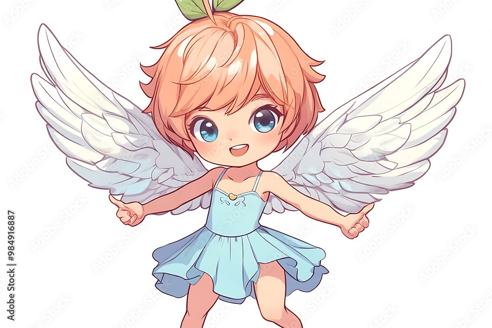 Fototapeta premium Cute Anime Angel with Peach on Head and Feathery Wings