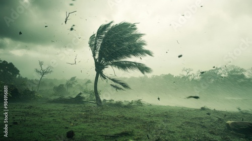 Heavy winds from a tropical storm causing trees to fall and debris to fly through the air photo