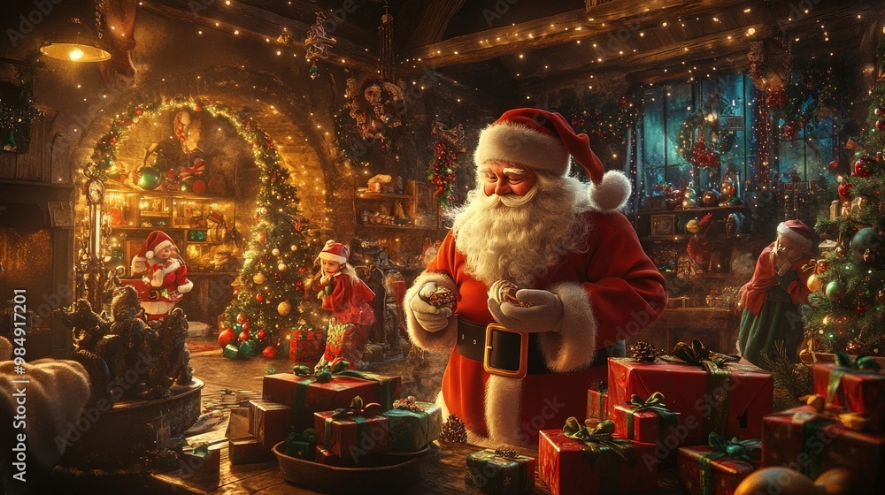 Santa Claus surrounded by playful elves, preparing gifts in a cozy workshop. Santa Claus surrounded by playful elves, preparing gifts in a cozy workshop.