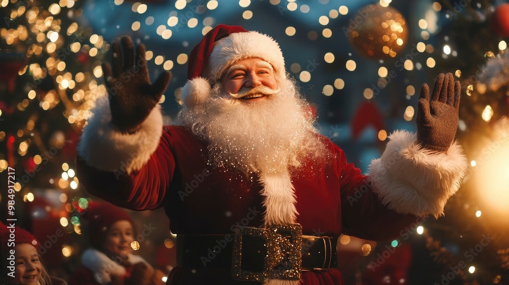Santa Claus surrounded by festive decorations, smiling and waving to children. Santa Claus surrounded by festive decorations, smiling and waving to children.