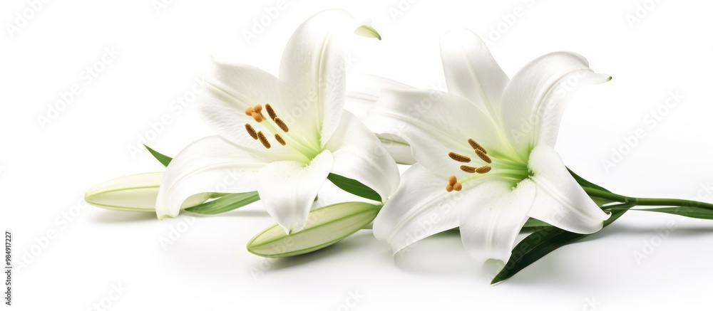Fototapeta premium Elegant White Lilies with Green Stems on White Background