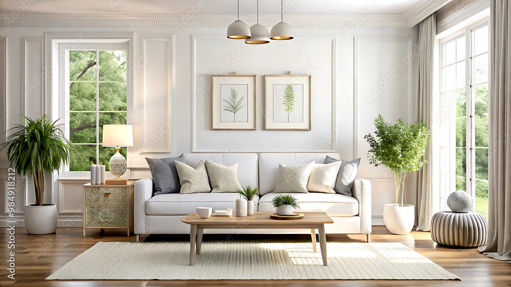 Hampton style living room interior with frame mockup, 3d render, white Mock up frame Hampton style living room interior with frame mockup, 3d render, white Mock up frame
