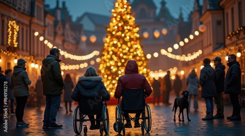 A serene Christmas Eve gathering in a small town square with a diverse group celebrating together