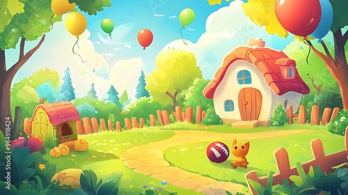 Cute cartoon house with balloons in the backyard for children's illustration