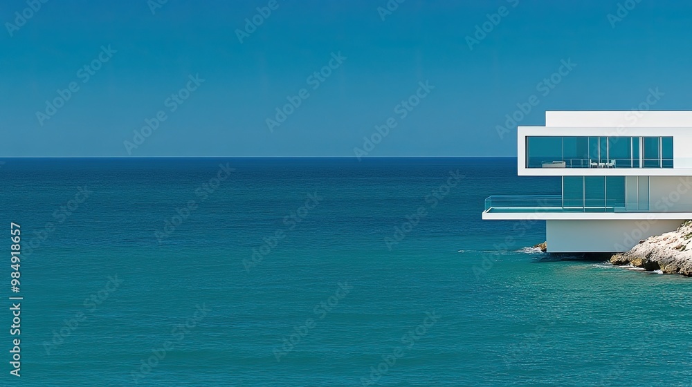 Fototapeta premium A contemporary house perched on the edge of a cliff features a sleek glass facade that offers breathtaking views of the calming sea, surrounded by nature on a sunny day