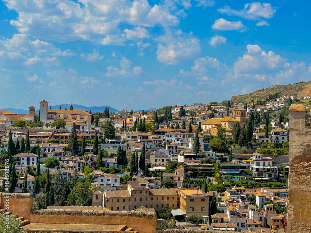 Panoramic view of European city with Arabic and medieval style during a sunny day.
