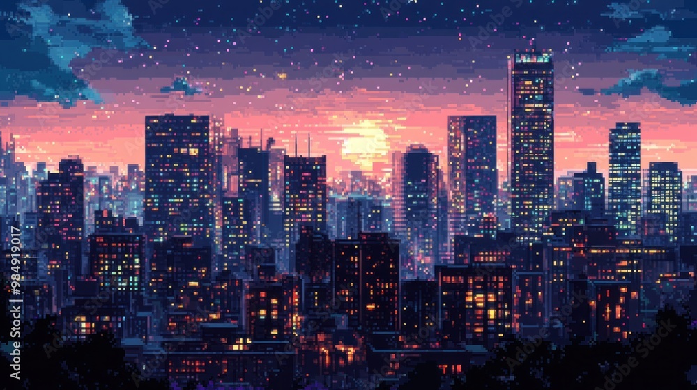 Obraz premium Pixelated City Skyline at Sunset with Illuminated Windows