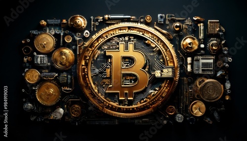 A Bitcoin coin against a backdrop of mechanical components, showcasing the intricate relationship between cryptocurrency and technology. This image emphasizes the complex infrastructure behind digital