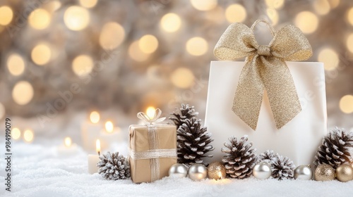 A beautifully wrapped gift bag sits on the snow, surrounded by pine cones and berries while lit candles create a warm atmosphere for a festive holiday celebration.