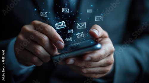 Man using smartphone with email icons.