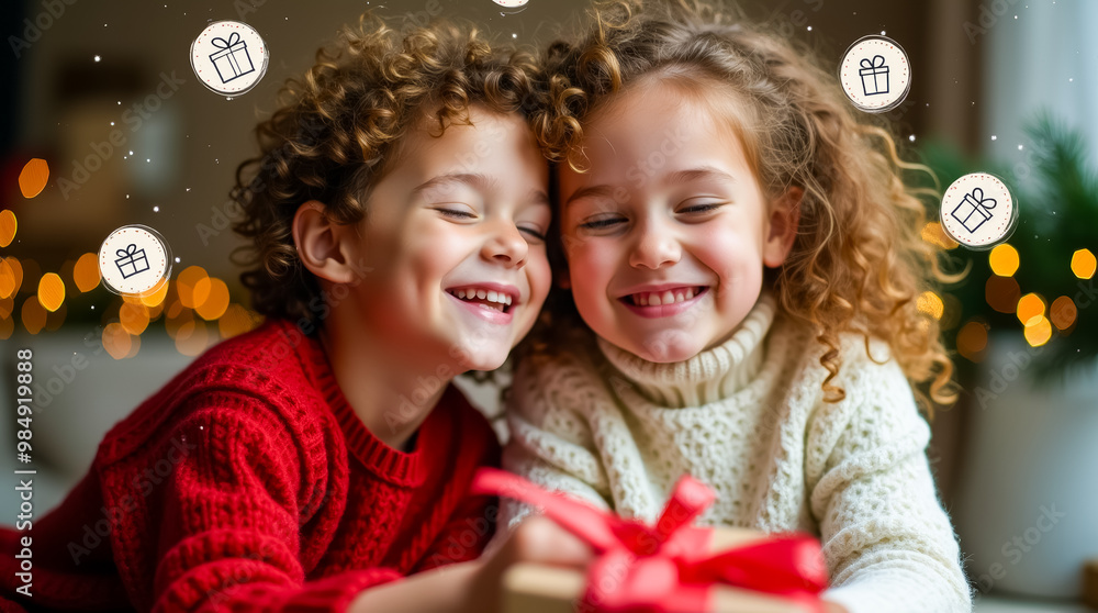 A little boy and girl sit closely together with eyes closed, smiling and dreaming about presents. The warm atmosphere highlights their joy and excitement for the holidays A little boy and girl sit closely together with eyes closed, smiling and dreaming about presents. The warm atmosphere highlights their joy and excitement for the holidays