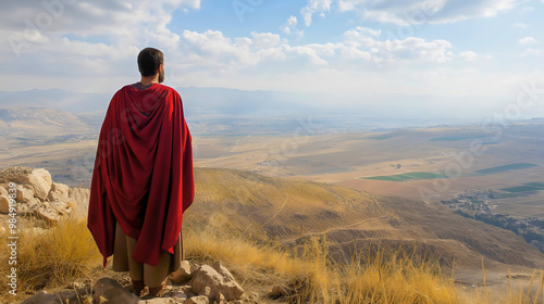 Joshua, standing on a cliff in a red cloak, gazes at the place where the Promised Land will be, a salvation for the Jewish people.