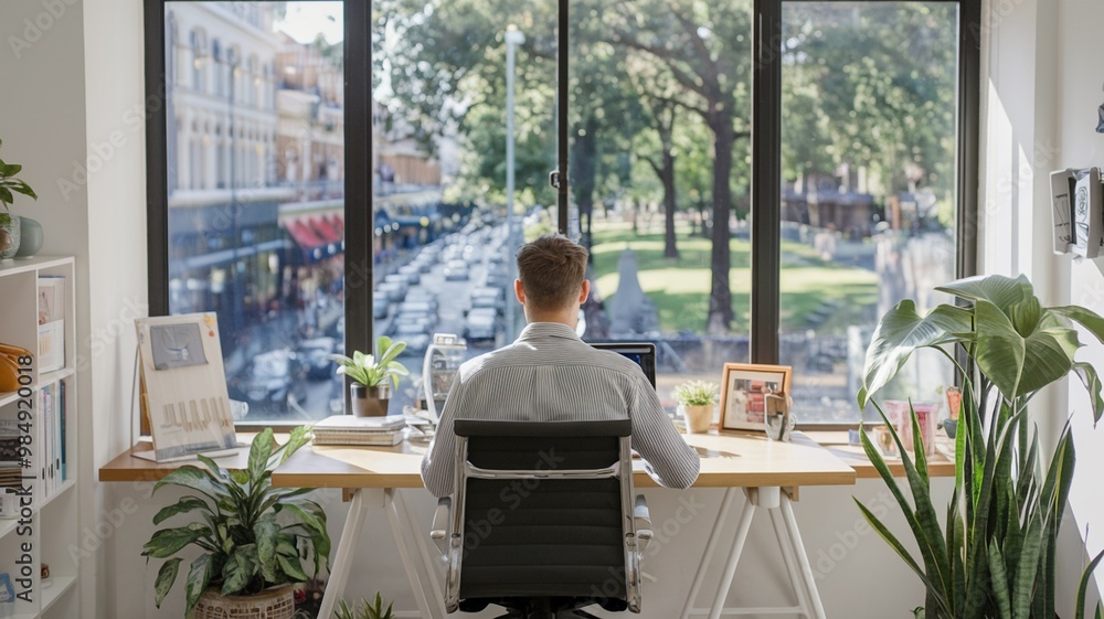 Naklejka premium Remote worker in a cozy Melbourne office with street and park view