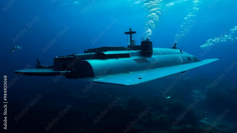 The submarine glides silently beneath the ocean surface, demonstrating its cutting-edge design and capabilities while exploring the deep sea habitat. The submarine glides silently beneath the ocean surface, demonstrating its cutting-edge design and capabilities while exploring the deep sea habitat.