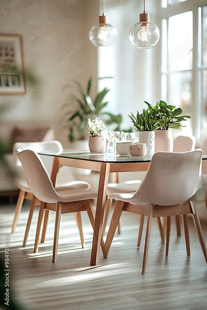 Minimalist dining room with glass table, wooden chairs, and potted plants Minimalist dining room with glass table, wooden chairs, and potted plants