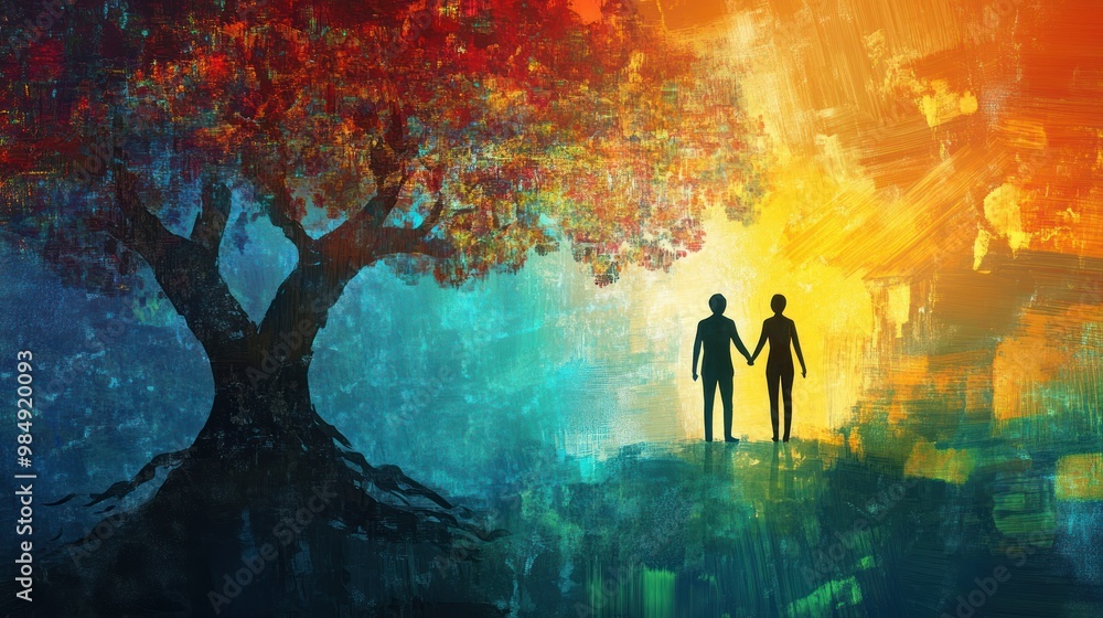Fototapeta premium Silhouette of a Couple Holding Hands Under a Tree in a Vibrant Landscape