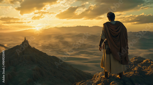 Joshua stands on a mountain, gazing toward the Promised Land that God promised to His chosen people. photo