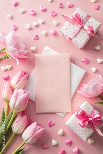 Happy Mother's Day gift concept. Top view flat lay of pretty pink present boxes with ribbon, tulip flowers, paper hearts on a soft pastel violet background with empty circle for text