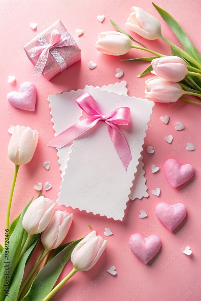 Happy Mother's Day gift concept. Top view flat lay of pretty pink present boxes with ribbon, tulip flowers, paper hearts on a soft pastel violet background with empty circle for text Happy Mother's Day gift concept. Top view flat lay of pretty pink present boxes with ribbon, tulip flowers, paper hearts on a soft pastel violet background with empty circle for text