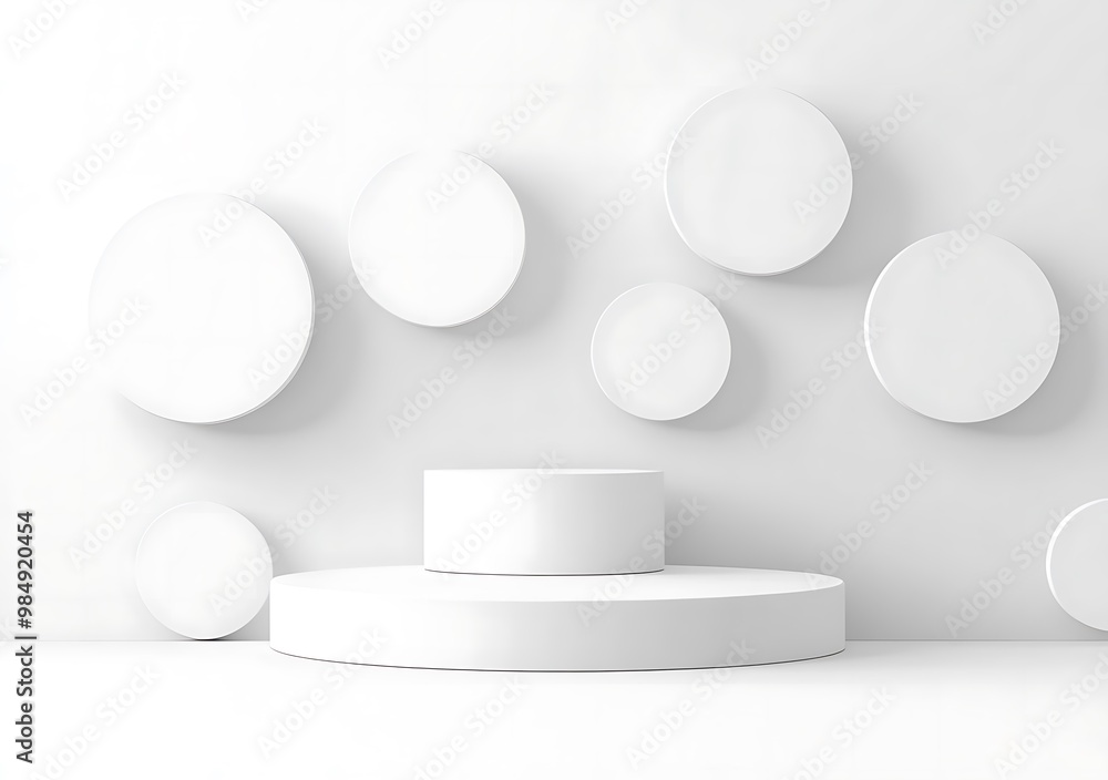 3D white cylindrical podium pedestal background with overlap circles backdrop wall scene. Minimal empty mockup abstract product display presentation, Stage showcase. Generative Ai 3D white cylindrical podium pedestal background with overlap circles backdrop wall scene. Minimal empty mockup abstract product display presentation, Stage showcase. Generative Ai