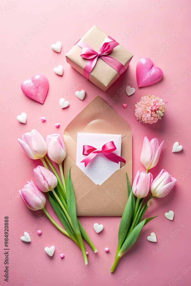 Happy Mother's Day gift concept. Top view flat lay of pretty pink present boxes with ribbon, tulip flowers, paper hearts on a soft pastel violet background with empty circle for text Happy Mother's Day gift concept. Top view flat lay of pretty pink present boxes with ribbon, tulip flowers, paper hearts on a soft pastel violet background with empty circle for text